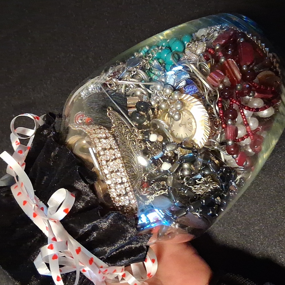 Assorted Jewelry in Decorative Jar 4 Lbs  Necklaces, Rings, Bracelets, Earrings.